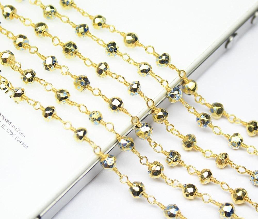 Blue Pyrite Faceted Rondelle Bead Gold Plated Brass Link Chain 5 x 14" 4mm - Jalvi & Co.