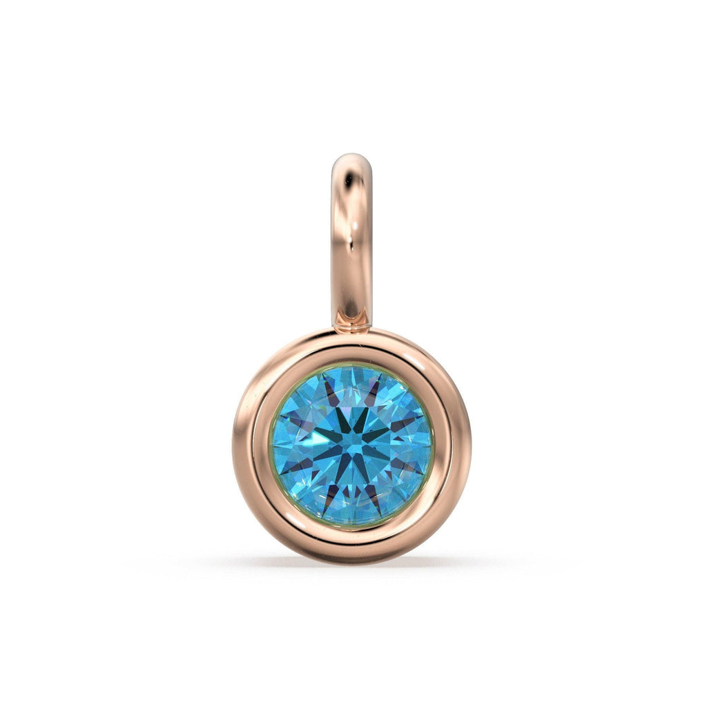 Blue Topaz Round Diamond Bezel Charm 8mm Pendant / 14k 18k Solid Gold Pendant / Diamond Pendant / Solitaire Diamond Charm - Jalvi & Co.