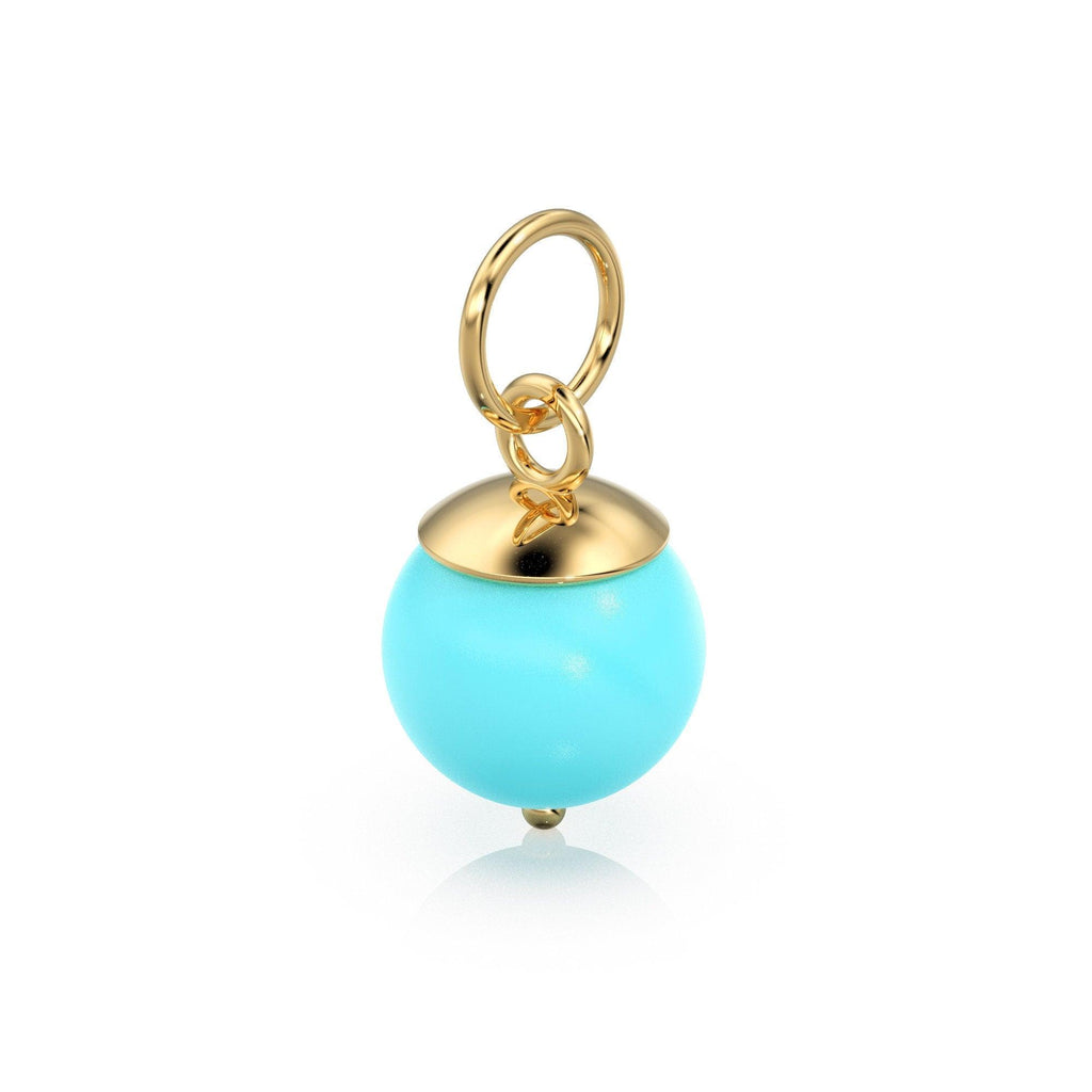 Blue Turquoise Round Ball Bead Solid Gold Charm / Blue Gemstone Handmade Gold Pendant / 1pc 14k Solid Yellow Gold Jewelry Making Findings - Jalvi & Co.