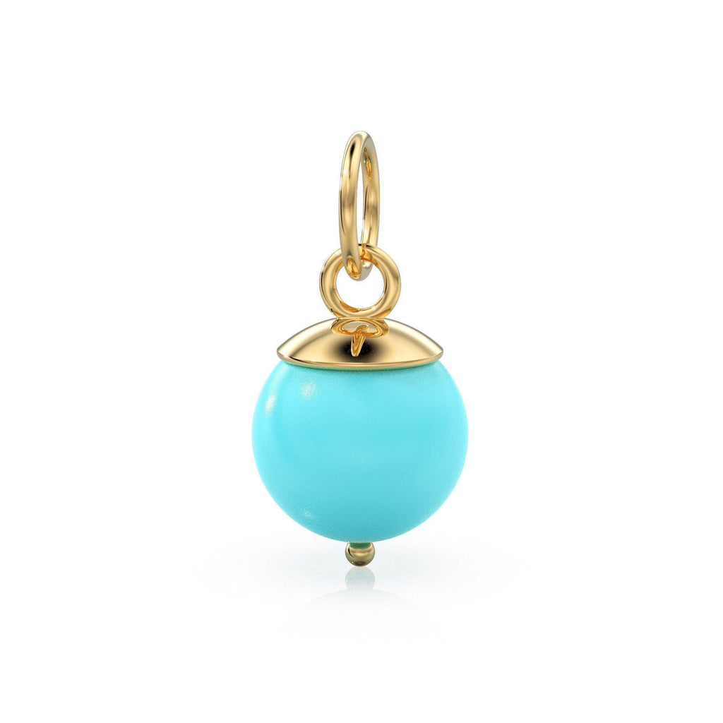 Blue Turquoise Round Ball Bead Solid Gold Charm / Blue Gemstone Handmade Gold Pendant / 1pc 14k Solid Yellow Gold Jewelry Making Findings - Jalvi & Co.