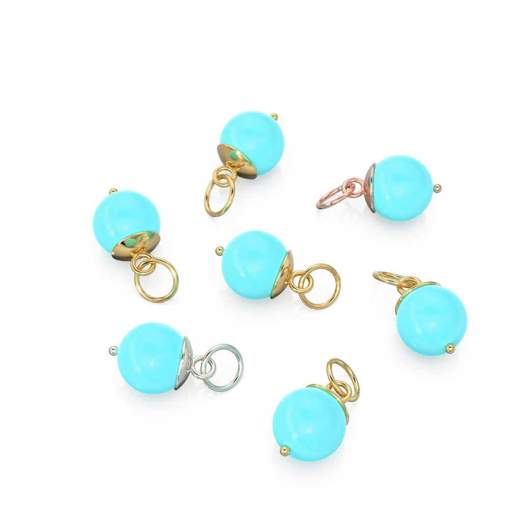 Blue Turquoise Round Ball Bead Solid Gold Charm / Blue Gemstone Handmade Gold Pendant / 1pc 14k Solid Yellow Gold Jewelry Making Findings - Jalvi & Co.