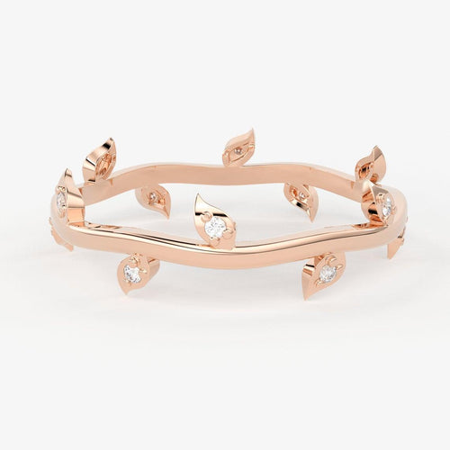 Brilliant Diamond Band in 14k Gold / Round Diamond Ring / Round Gold Band White Diamond Ring / Leaf Diamond Wedding Band - Jalvi & Co.