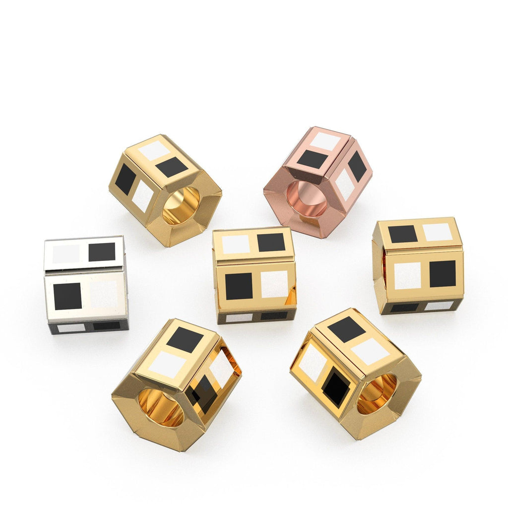 Checkerboard Black White Enamel Solid Gold Beads / Spacer Handmade 18k Findings - Jalvi & Co.