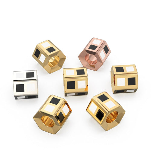 Checkerboard Black White Enamel Solid Gold Beads / Spacer Handmade 18k Findings - Jalvi & Co.