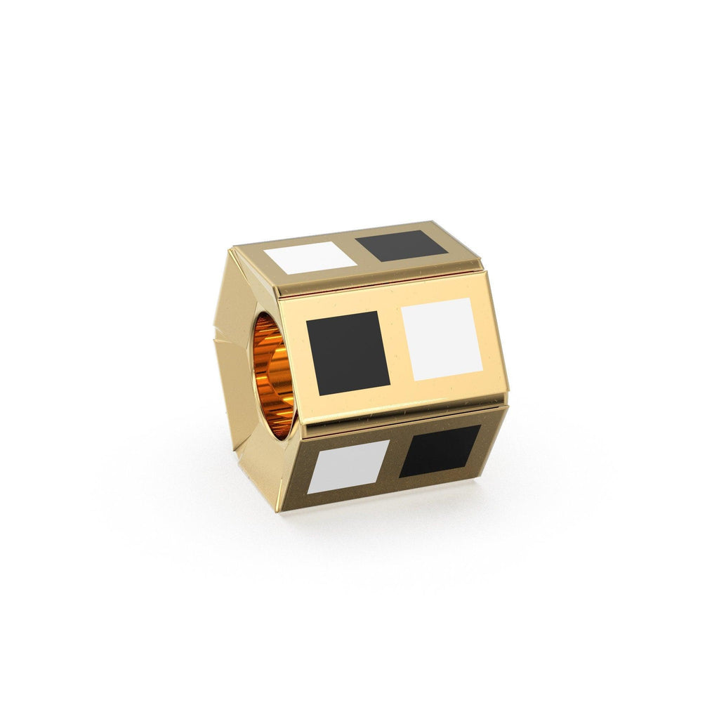 Checkerboard Black White Enamel Solid Gold Beads / Spacer Handmade 18k Findings - Jalvi & Co.