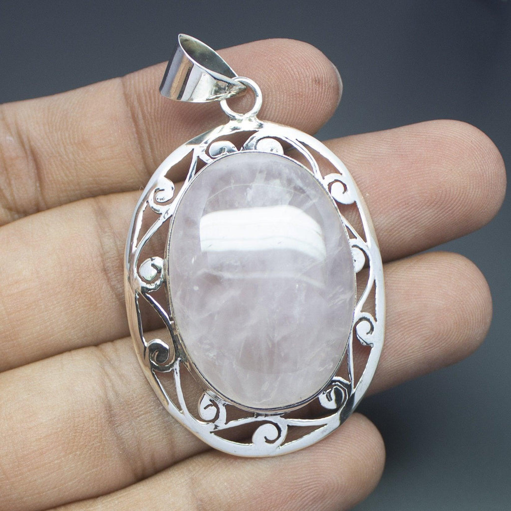 Christmas Gift, 15g, Totally Handmade Natural Rose Quartz Oval Shape 925 Sterling Silver Pendant - Jalvi & Co.