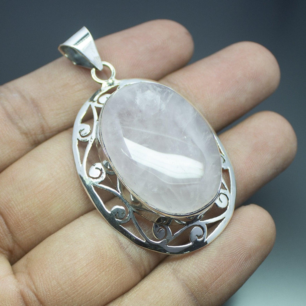 Christmas Gift, 15g, Totally Handmade Natural Rose Quartz Oval Shape 925 Sterling Silver Pendant - Jalvi & Co.