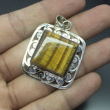 Christmas Gift,  18g, Totally Handmade Natural Tiger's Eye Square Shape 925 Sterling Silver Pendant