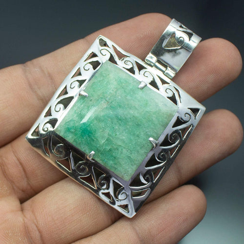 Christmas Gift, 25.8g, Totally Handmade Natural HUGE Emerald Square Shape 925 Sterling Silver Pendant - Jalvi & Co.