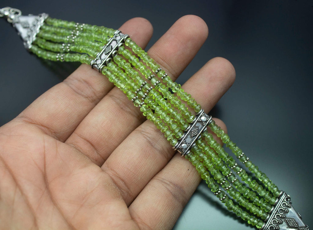 Christmas Gift, 33.5g, Totally Handmade Peridot Rondelle Beads 925 Sterling Silver Bracelet - Jalvi & Co.