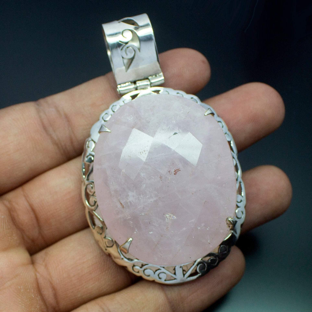 Christmas Gift, 55.6g, Totally Handmade Natural HUGE Rose Quartz Oval Shape 925 Sterling Silver Pendant - Jalvi & Co.