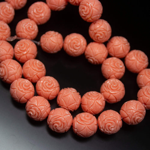 COR6335A9 2 matching pair, 13mm, Synthetic Coral Flower Carved Round Loose Beads - Jalvi & Co.