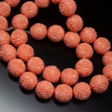 COR6335A9 2 matching pair, 13mm, Synthetic Coral Flower Carved Round Loose Beads
