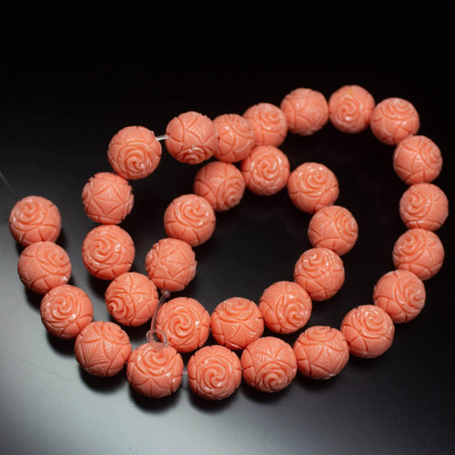COR6335A9 2 matching pair, 13mm, Synthetic Coral Flower Carved Round Loose Beads - Jalvi & Co.