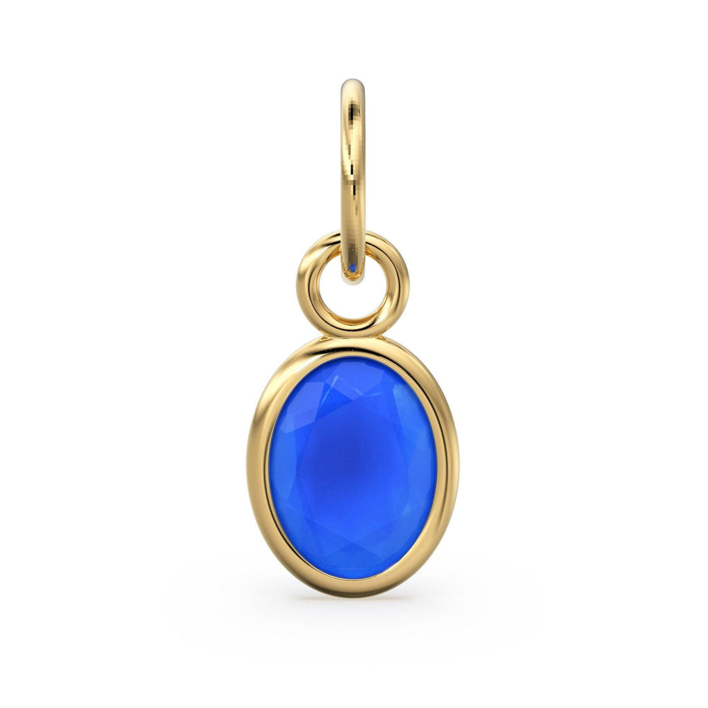 Dark Blue Chalcedony Oval Solid Gold Charm / Natural Blue Gemstone Handmade 18k Gold Pendant / 1pc 14k Solid Gold Jewelry Making Findings - Jalvi & Co.