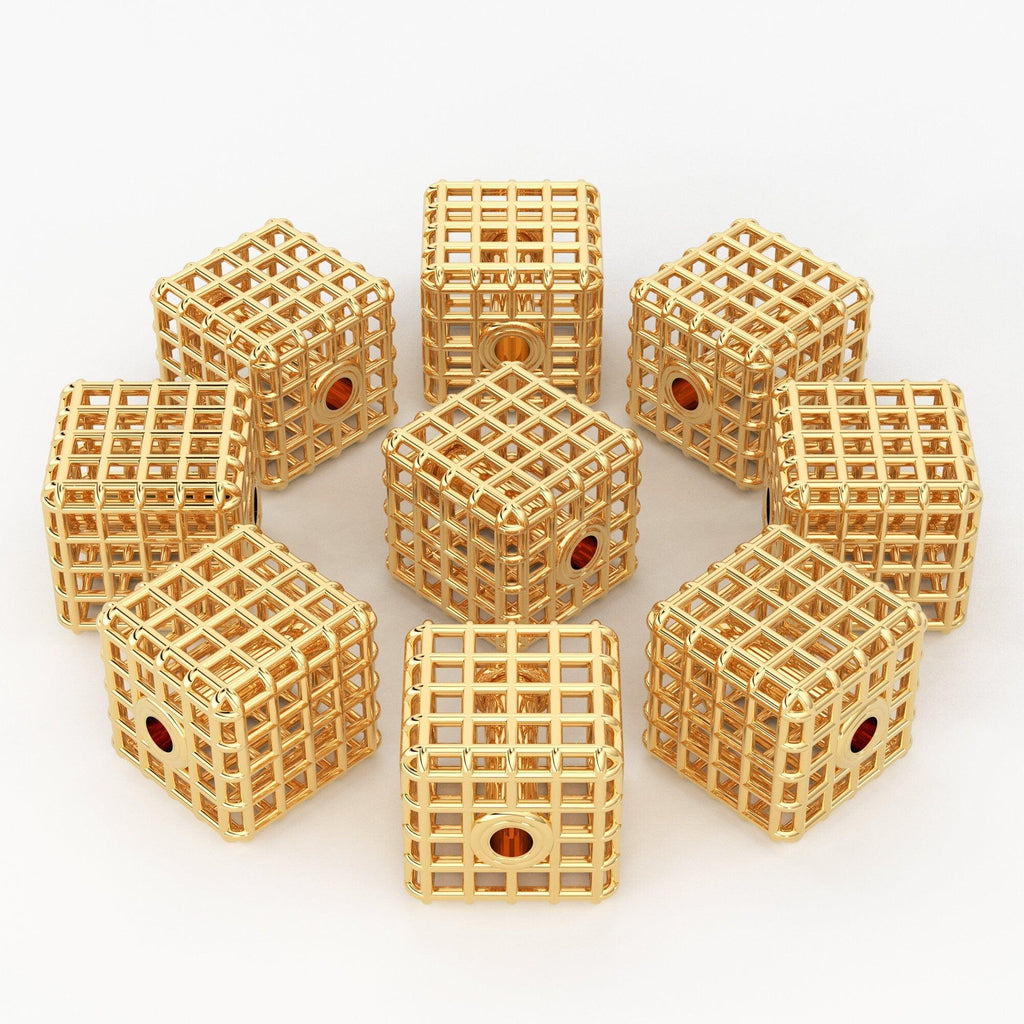 Designer Square Solid Gold Handmade Cage Spacer Gold Bead Finding 7mm 10mm - Jalvi & Co.