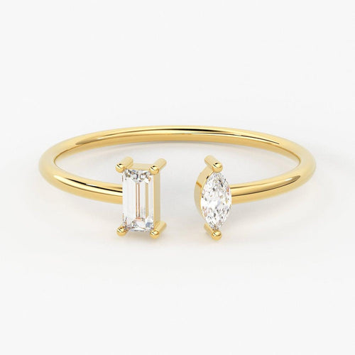 Diamond Baguette Marquise Ring/ Open Design 14k Gold Diamond Duo Ring / Open Baguette Ring Gold / Stackable Marquise Ring / Diamond Ring - Jalvi & Co.