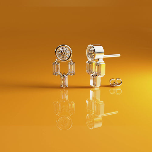 Diamond Earrings / 14k Solid Gold Unique Diamond Earrings / Baguette Diamonds and Round Diamond Studs / Stud Earrings - Jalvi & Co.