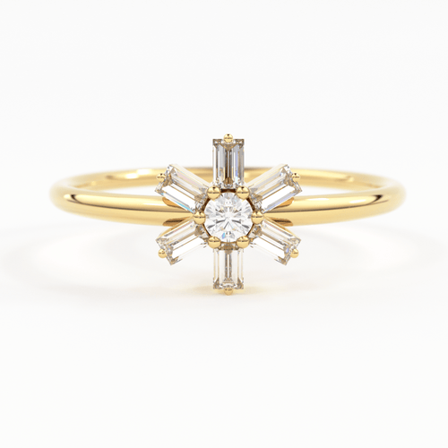 Diamond Ring / 14k Gold Baguette Diamond Flower Ring / Minimalist Promise Ring / Birthday Gift For Her / Rose Gold / White Gold - Jalvi & Co.