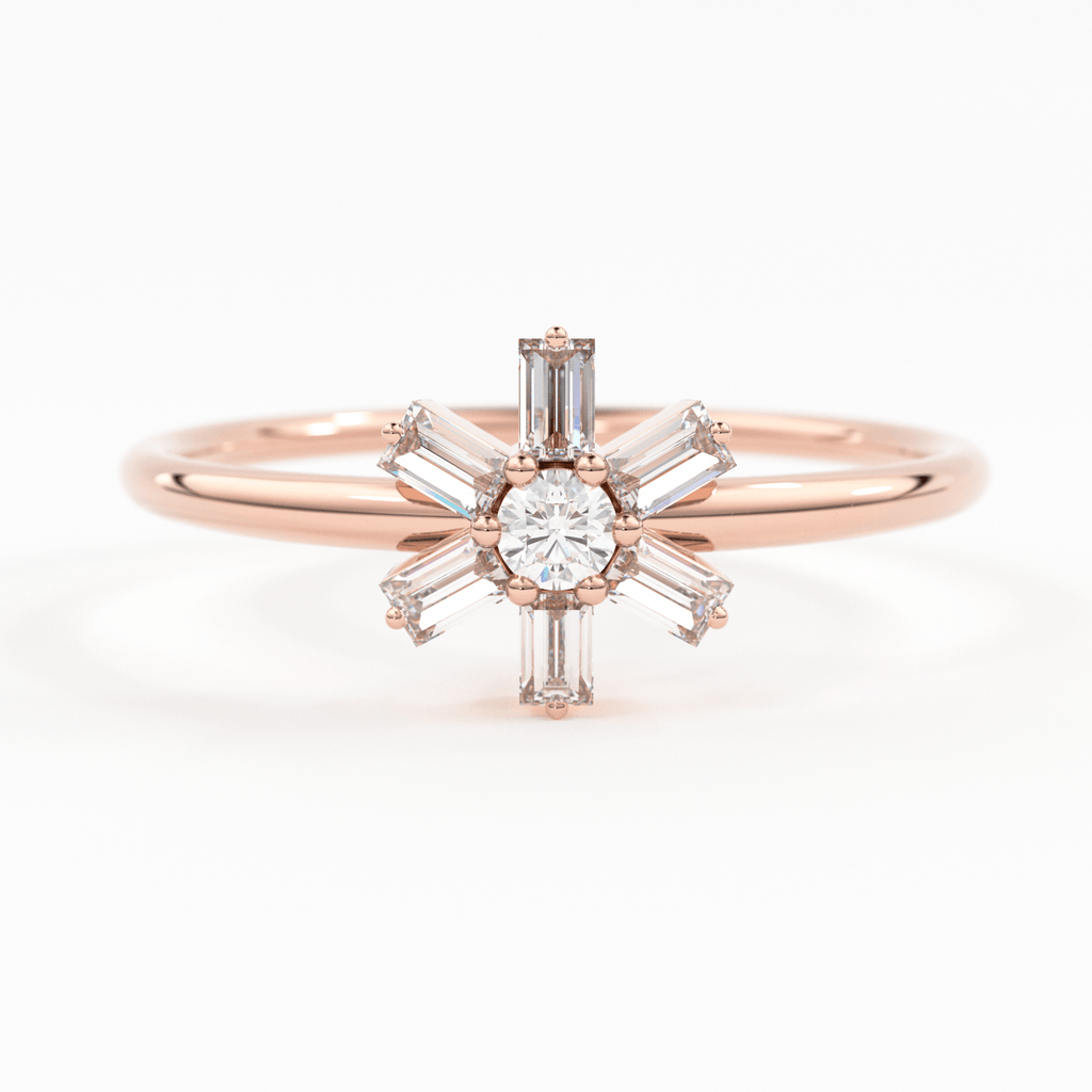 Diamond Ring / 14k Gold Baguette Diamond Flower Ring / Minimalist Promise Ring / Birthday Gift For Her / Rose Gold / White Gold - Jalvi & Co.