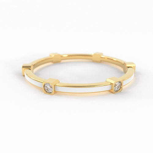 Diamond White Enamel Ring in 14k Gold / White Enamel Handmade Ring / Designer Gemstone Ring / Diamond Enamel Band/ Minimalist Round Cut Ring - Jalvi & Co.