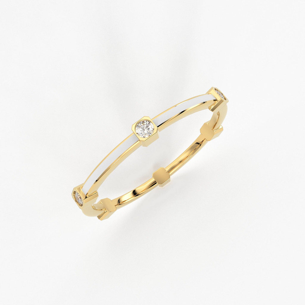 Diamond White Enamel Ring in 14k Gold / White Enamel Handmade Ring / Designer Gemstone Ring / Diamond Enamel Band/ Minimalist Round Cut Ring - Jalvi & Co.