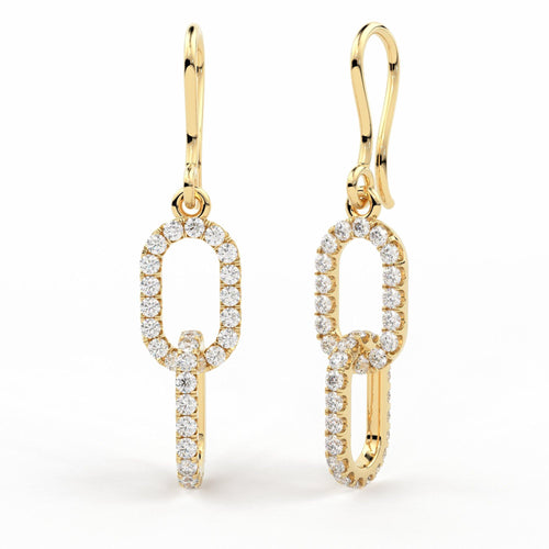 Double Link Diamond Dangle Earrings / 14K Solid Gold Earring / Pave Diamond Earrings / Link Chain Dangle Drop Earrings / Gift for Her - Jalvi & Co.