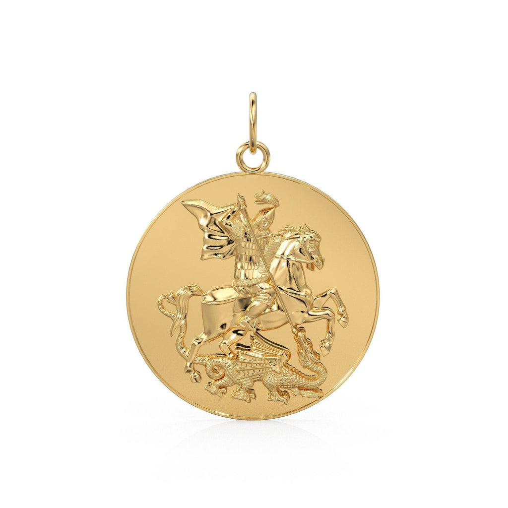 Dragon Slayer Knight 14k 18k Solid Gold Charm Pendant, Medallion Gold Charm, Gold Coin Charm Diamond Finding, Large Medieval Warrior Pendant - Jalvi & Co.