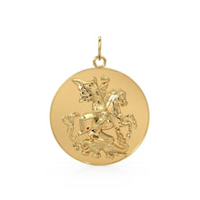 Load image into Gallery viewer, Dragon Slayer Knight 14k 18k Solid Gold Charm Pendant, Medallion Gold Charm, Gold Coin Charm Diamond Finding, Large Medieval Warrior Pendant - Jalvi &amp; Co.