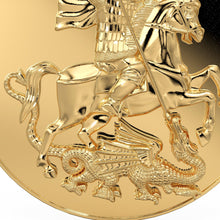 Load image into Gallery viewer, Dragon Slayer Knight 14k 18k Solid Gold Charm Pendant, Medallion Gold Charm, Gold Coin Charm Diamond Finding, Large Medieval Warrior Pendant - Jalvi &amp; Co.