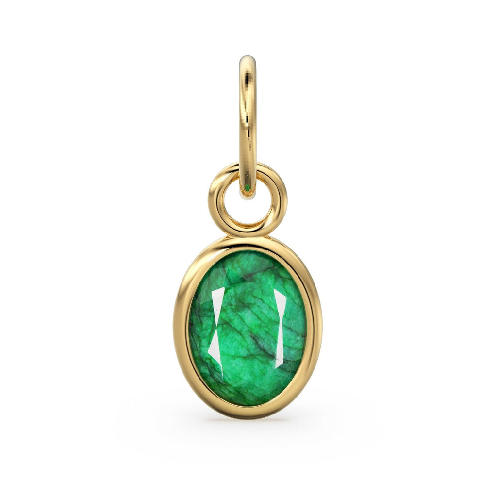 Dyed Green Emerald Oval Solid Gold Charm / Natural Dyed Green Gemstone Handmade Gold Pendant / 1pc 14k Yellow Gold Jewelry Making Findings - Jalvi & Co.