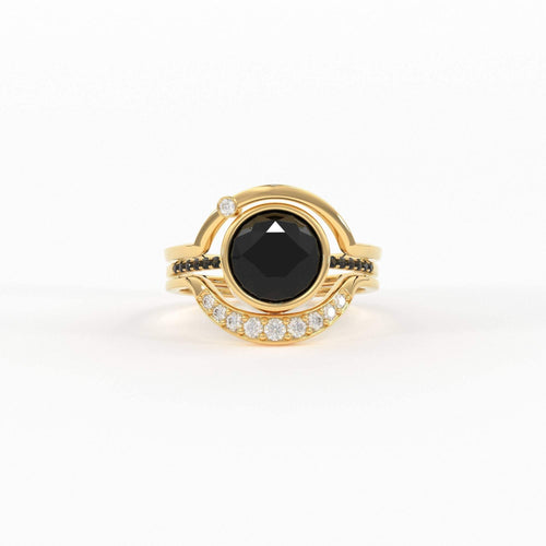 Eclipse Diamond Ring Set in 14k or 18k Solid Gold, Alternative Engagement Set With 8mm Center Black Onyx or Black Diamond - Jalvi & Co.