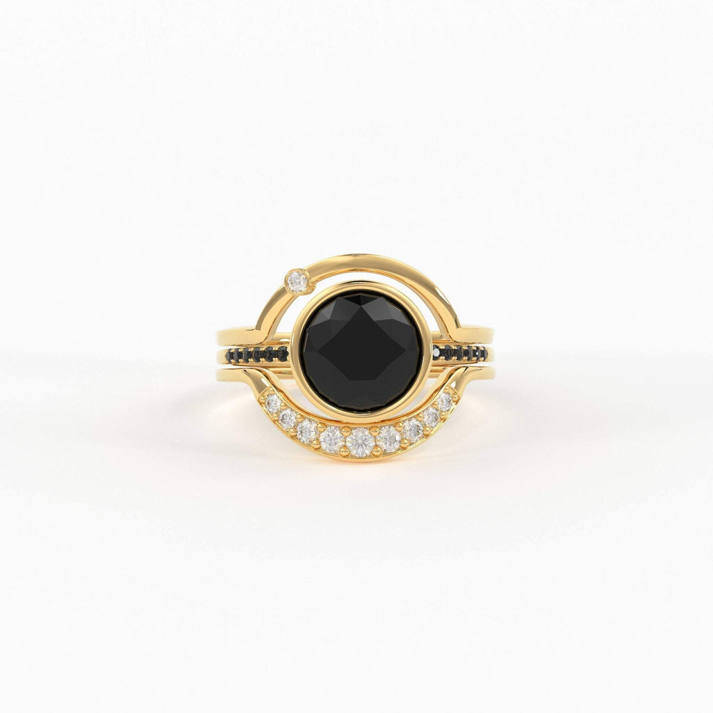 Eclipse Diamond Ring Set in 14k or 18k Solid Gold, Alternative Engagement Set With 8mm Center Black Onyx or Black Diamond - Jalvi & Co.