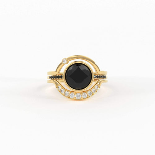 Eclipse Diamond Ring Set in 14k or 18k Solid Gold, Alternative Engagement Set With 8mm Center Black Onyx or Black Diamond - Jalvi & Co.