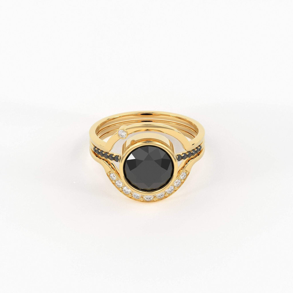 Eclipse Diamond Ring Set in 14k or 18k Solid Gold, Alternative Engagement Set With 8mm Center Black Onyx or Black Diamond - Jalvi & Co.