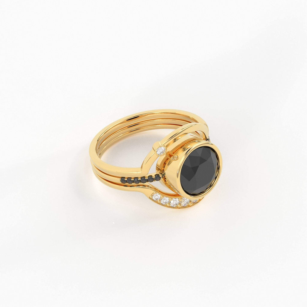 Eclipse Diamond Ring Set in 14k or 18k Solid Gold, Alternative Engagement Set With 8mm Center Black Onyx or Black Diamond - Jalvi & Co.