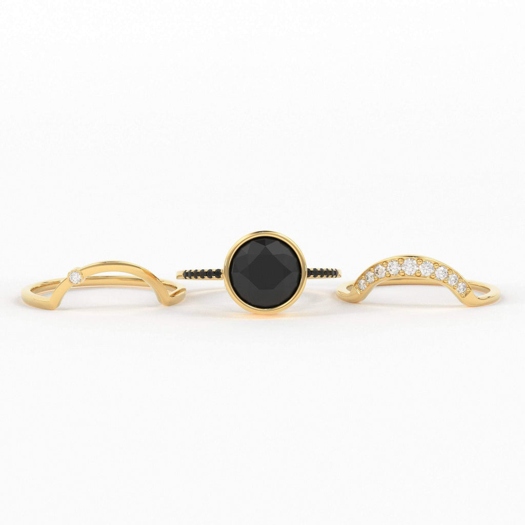 Eclipse Diamond Ring Set in 14k or 18k Solid Gold, Alternative Engagement Set With 8mm Center Black Onyx or Black Diamond - Jalvi & Co.