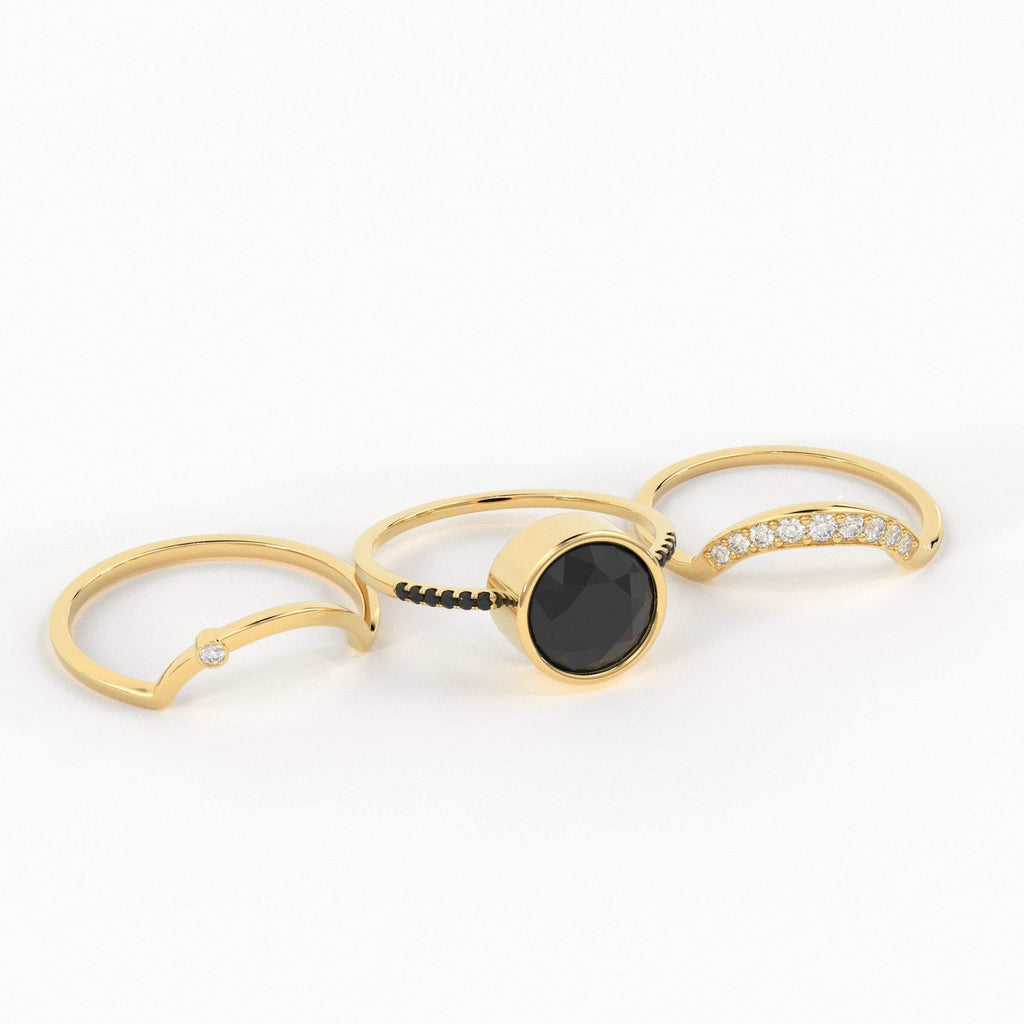 Eclipse Diamond Ring Set in 14k or 18k Solid Gold, Alternative Engagement Set With 8mm Center Black Onyx or Black Diamond - Jalvi & Co.