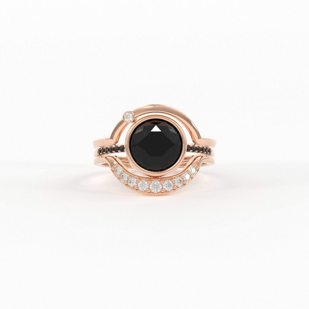 Eclipse Diamond Ring Set in 14k or 18k Solid Gold, Alternative Engagement Set With 8mm Center Black Onyx or Black Diamond - Jalvi & Co.