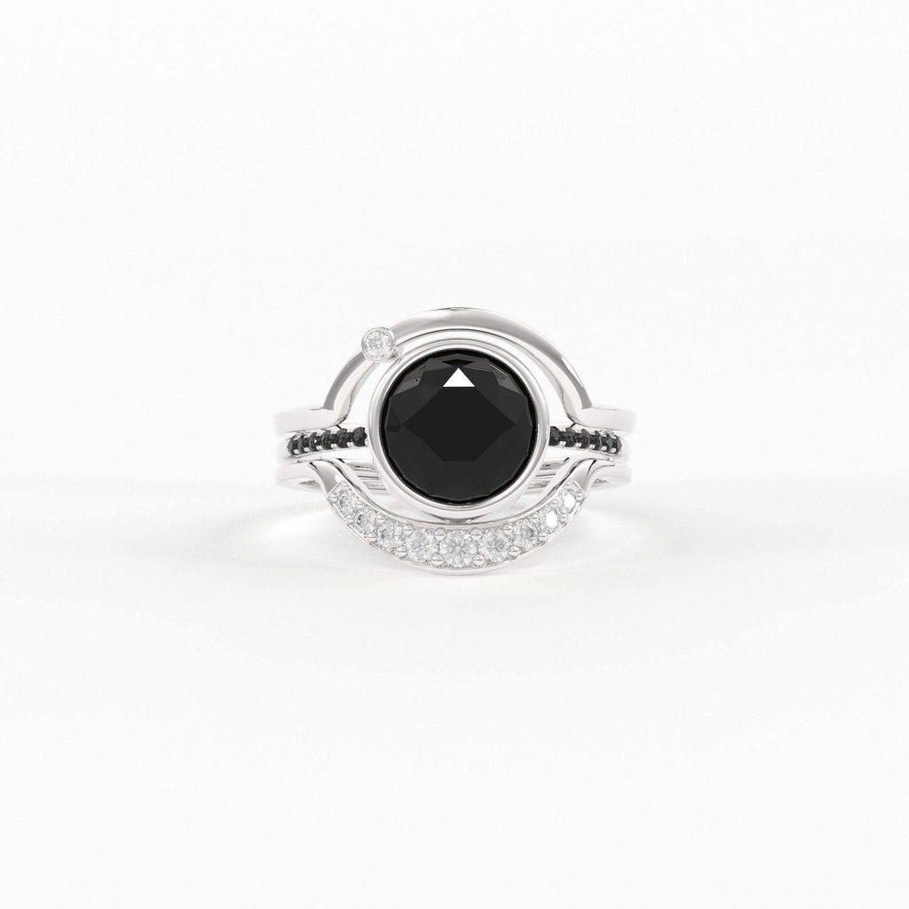 Eclipse Diamond Ring Set in 14k or 18k Solid Gold, Alternative Engagement Set With 8mm Center Black Onyx or Black Diamond - Jalvi & Co.