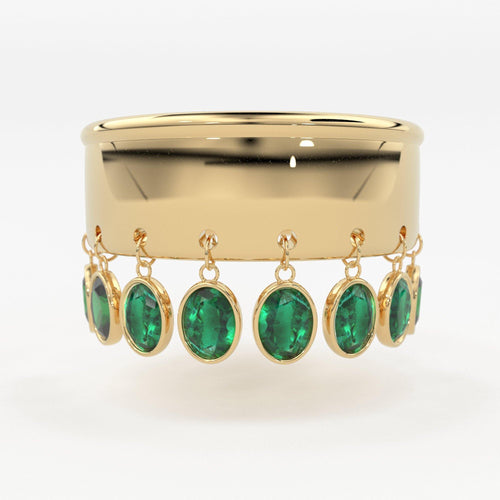 Emerald Dangling Charm 14k Gold Band - Oval Cut Emerald Dangle Ring / Statement Emerald Ring/ Handmade Emerald Ring / Goth Gemstone Ring - Jalvi & Co.