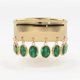 Emerald Dangling Charm 14k Gold Band - Oval Cut Emerald Dangle Ring / Statement Emerald Ring/ Handmade Emerald Ring / Goth Gemstone Ring