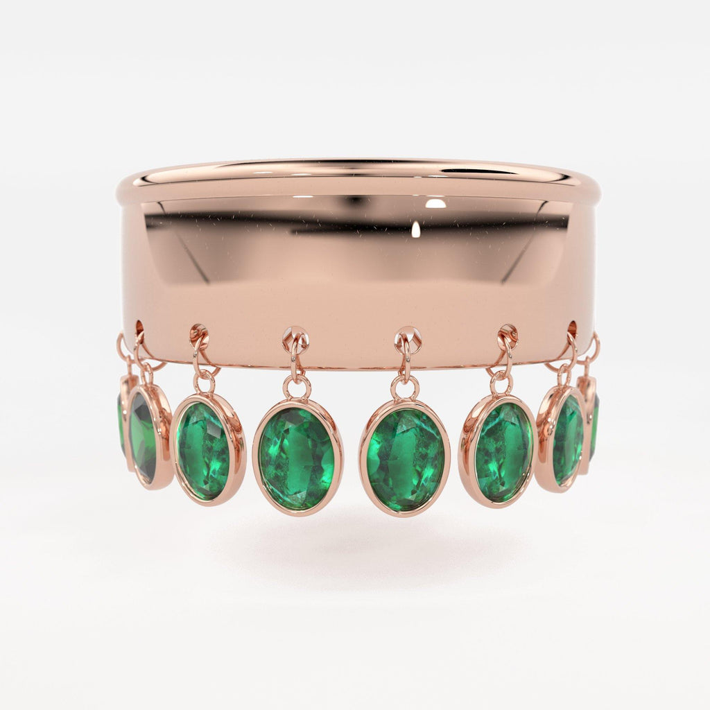 Emerald Dangling Charm 14k Gold Band - Oval Cut Emerald Dangle Ring / Statement Emerald Ring/ Handmade Emerald Ring / Goth Gemstone Ring - Jalvi & Co.