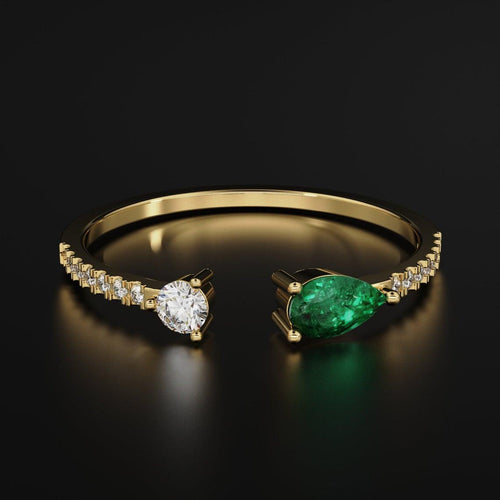 Emerald Diamond Band in 14k Gold / Pear Emerald & Diamond Ring / Gold Band White Diamond Ring / Genuine Diamond Emerald Wedding Band - Jalvi & Co.
