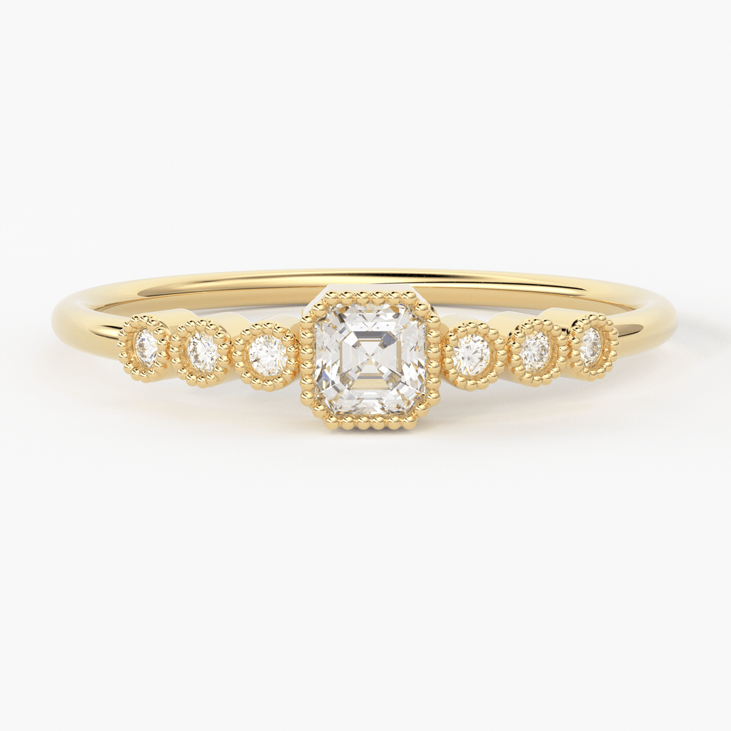 Emerald Diamond Ring / 14k Diamond Stackable Wedding Band / Round & Emerald Cut Shape Diamond Ring / Emerald Milgrain Anniversary Band - Jalvi & Co.