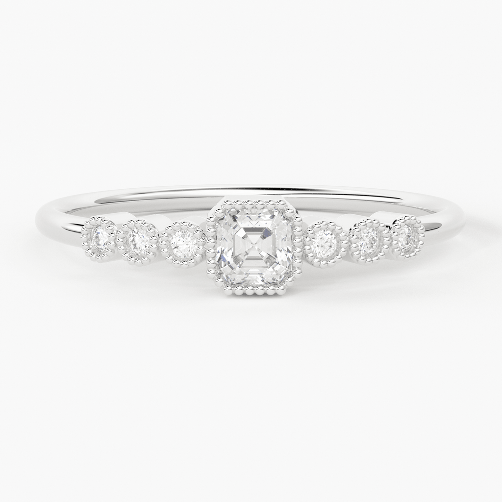 Emerald Diamond Ring / 14k Diamond Stackable Wedding Band / Round & Emerald Cut Shape Diamond Ring / Emerald Milgrain Anniversary Band - Jalvi & Co.