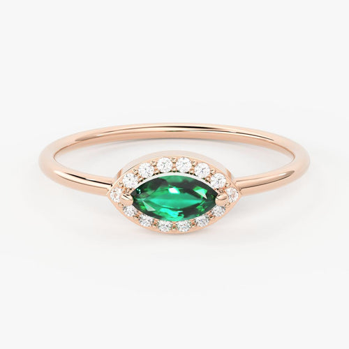 Emerald Diamond Ring in 14k Gold / Marquise Emerald Ring / Gold Band White Diamond Ring / Zambian Emerald Wedding Band - Jalvi & Co.