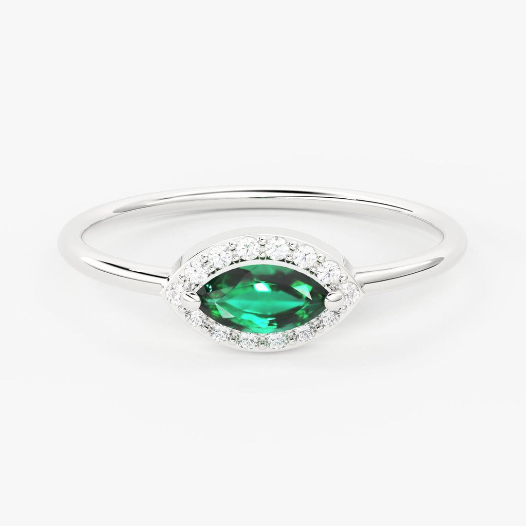 Emerald Diamond Ring in 14k Gold / Marquise Emerald Ring / Gold Band White Diamond Ring / Zambian Emerald Wedding Band - Jalvi & Co.