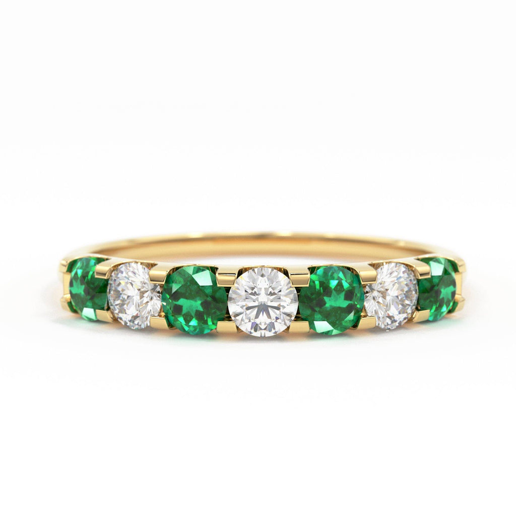 Emerald Diamond Wedding Band / Emerald Diamond Alternating Shared Prong Wedding Band / Natural Emerald Ring / Anniversary Band - Jalvi & Co.
