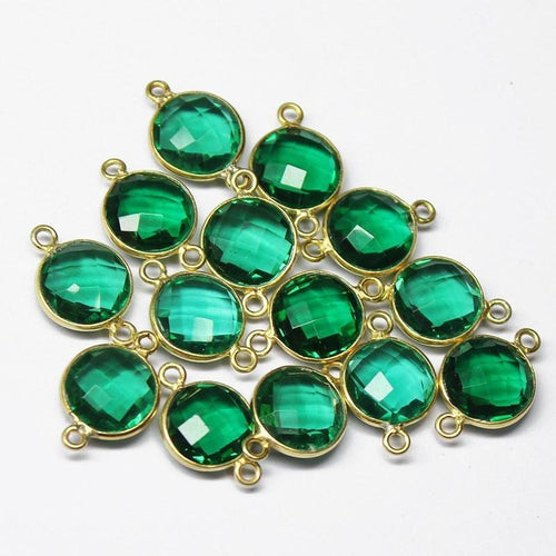Emerald Quartz Round Coin 925 Sterling Silver Gold Vermeil Connector 2pc 15mm - Jalvi & Co.